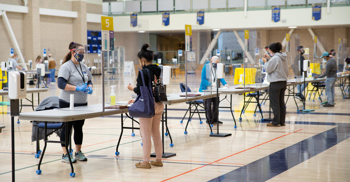 Wide shot of testing stations at ARC kiosk