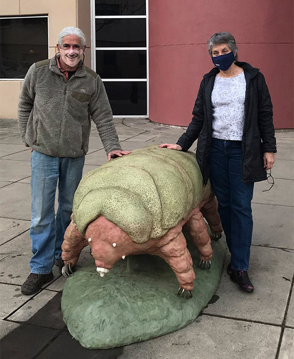 Artist Solomon Bassoff and Bohart Museum director Lynn Kimsey stand by the tardigrade sculpture. (Photo courtesy of Solomon Basshoff)