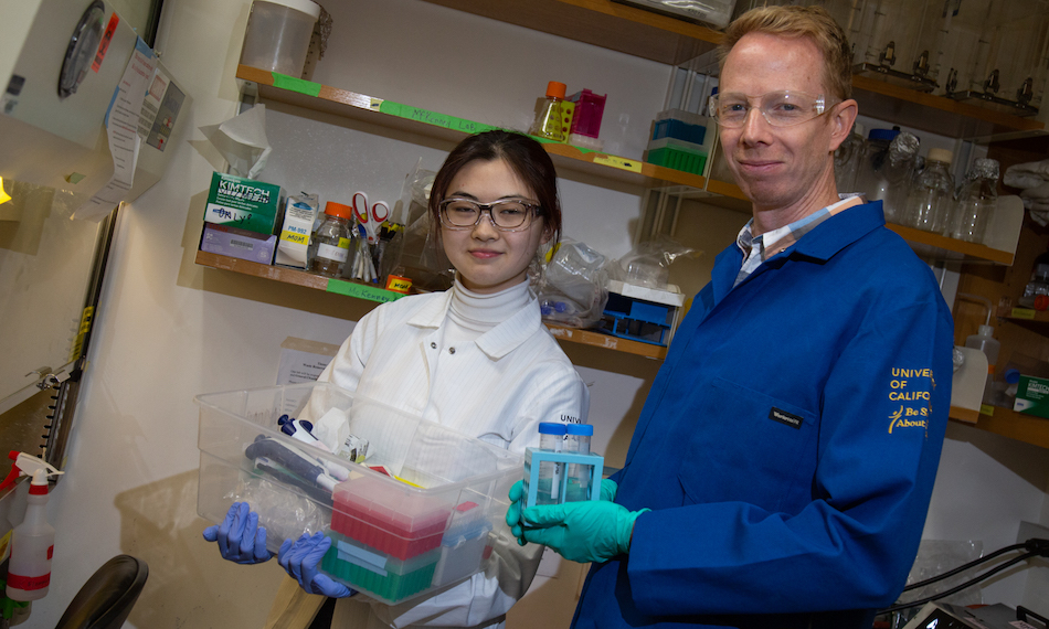 Baskin Research Award Winner Wenzhe Li stands with Assistant Professor Richard McKenney, Department of Molecular and Cellular Biology. Li and McKenney investigate the molecular motor cytoplasmic dynein. David Slipher/UC Davis