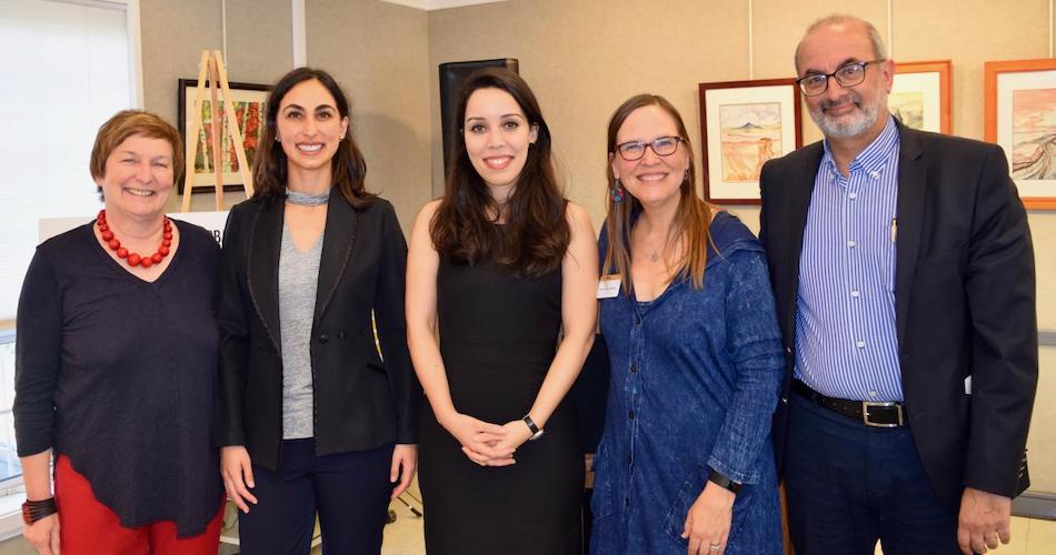 UC Davis Global Affairs Leadership with two 2017-18 UC Davis Humphrey Fellows Fernanda Gonzalez (Ecuador), Laila Annouri (Morocco). Bonnie Shea/UC Davis