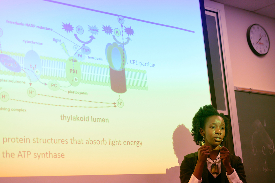 A professor stands in front of a complex diagram about environmental engineering