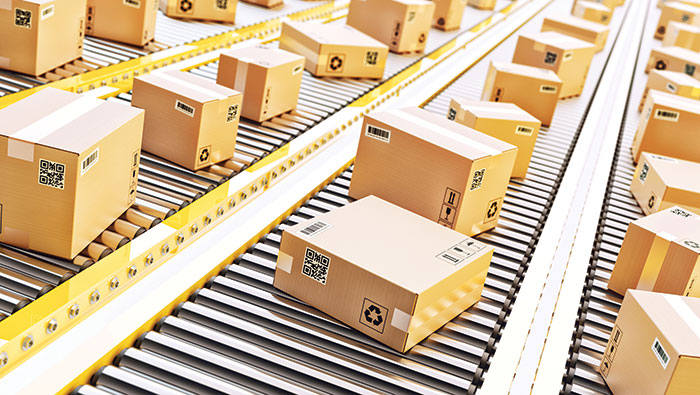 Boxes being processed at a warehouse