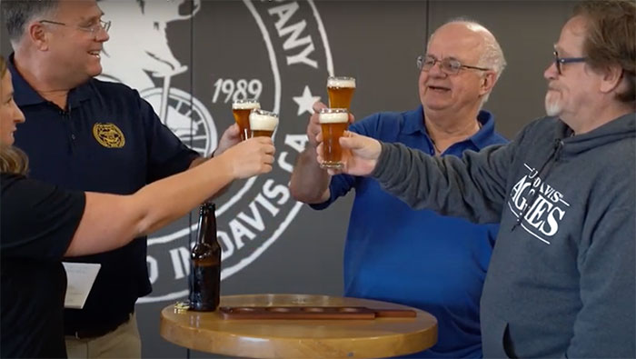 Left to right: Gina Reed, of UC Davis Continuing and Professional Education; Harlan Coomes, Master Brewers Certificate Program graduate; Charlie Bamforth, distinguished professor emeritus in the Department of Food Science and Technology; and Glen Fox, Anheuser-Busch endowed professor of malting and brewing sciences