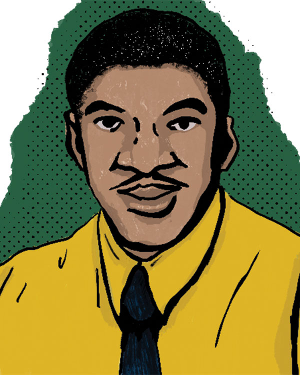 pen and ink portrait of a Black man wearing a yellow shirt and dark tie, against a green background