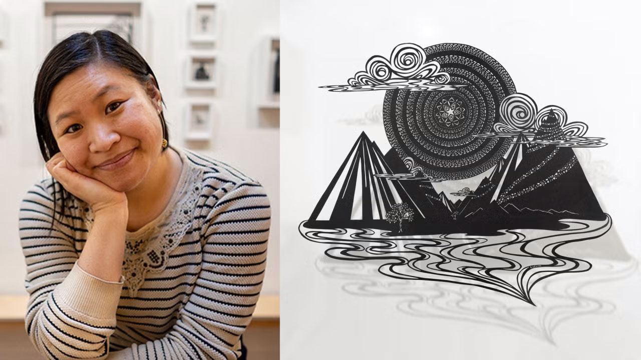 duo photo of woman at left and black-and-white paper artwork on right.