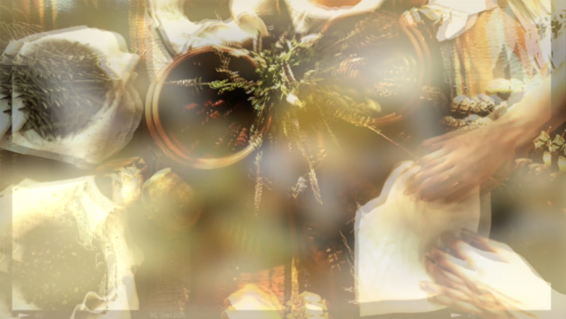 Abstract photograph of blurred golden reflective spheres and soft bokeh light