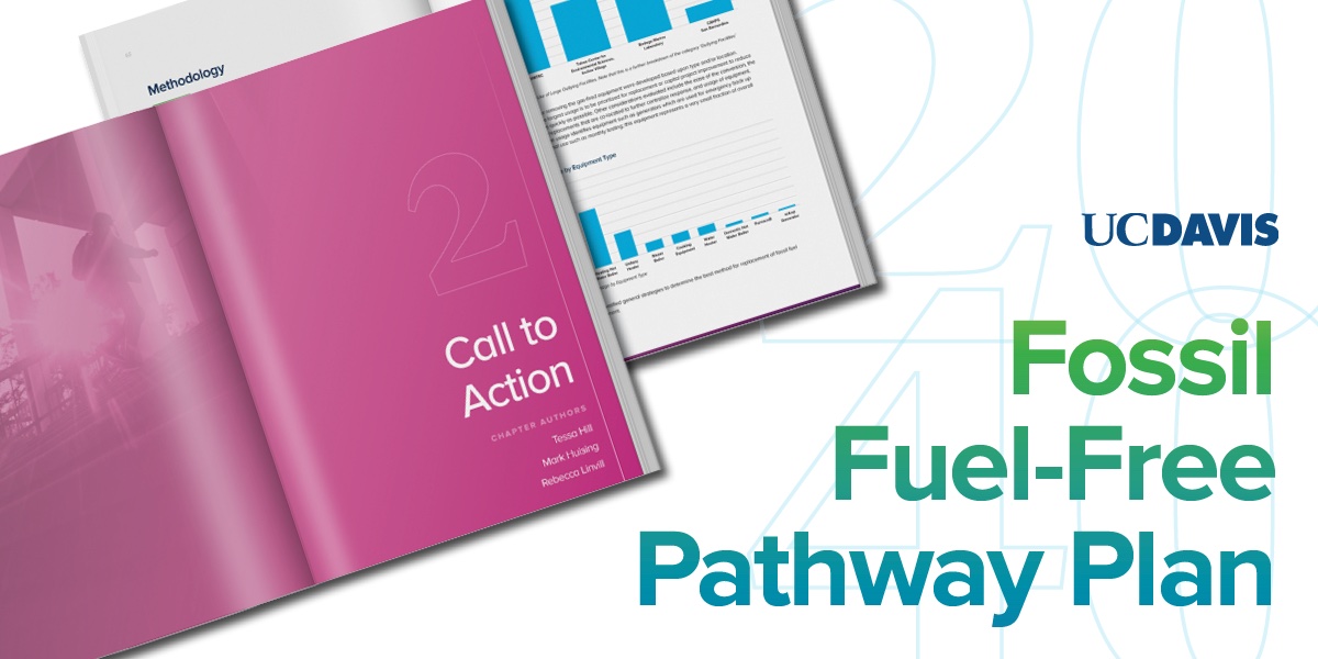 illustration of planning document and text that reads UC Davis Fossil Fuel-Free Pathway Plan