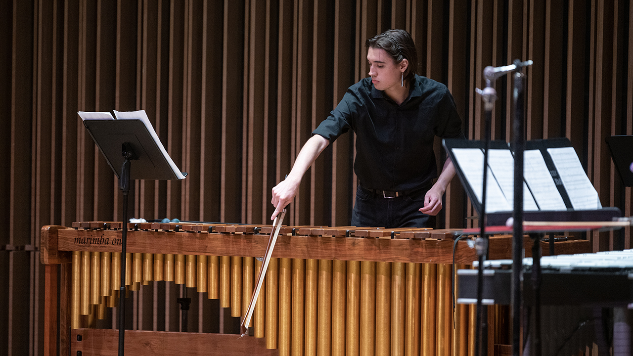 Musician plays marimba on stage with a bow.