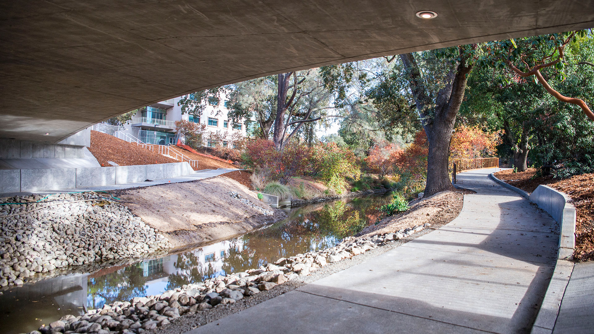 Photo from underneath a bridge showing a path running by along with a waterway.