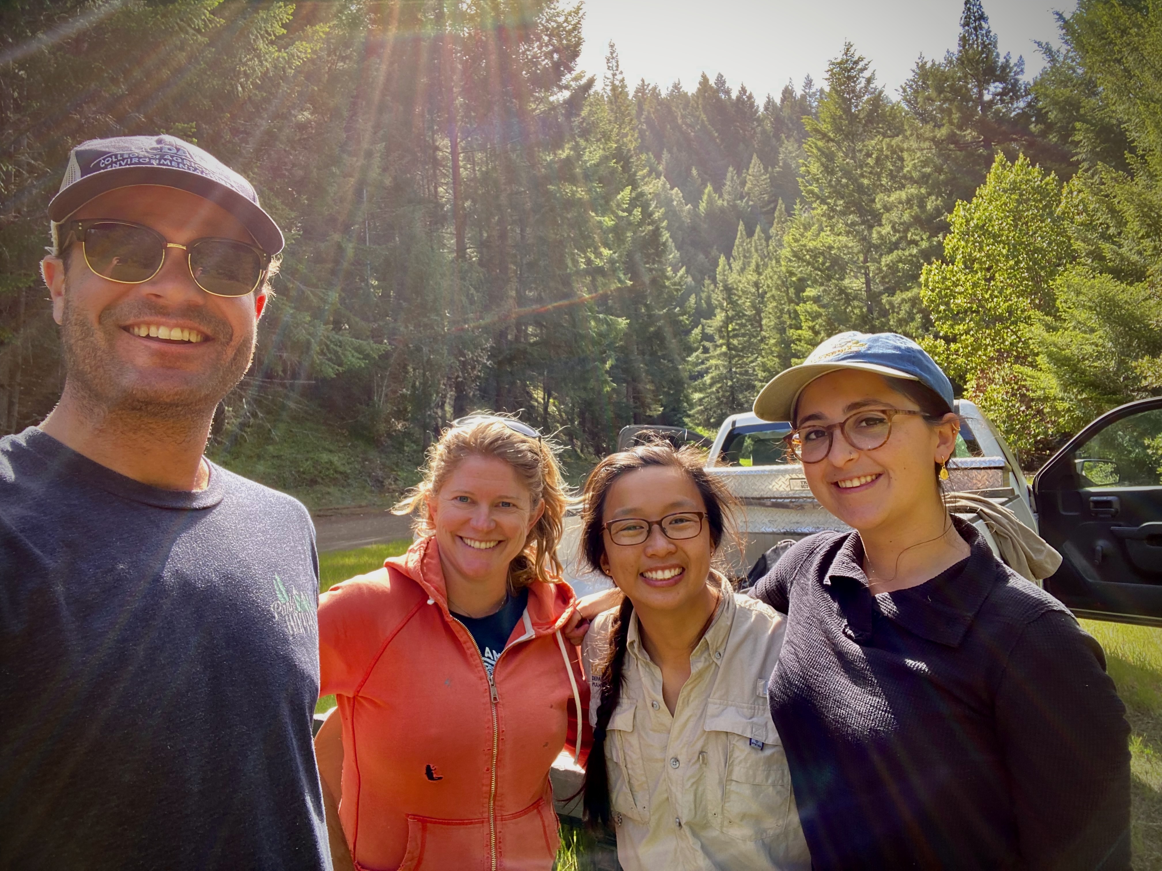 Sunlit selfie of four smiling scientists in a green redwood forest, lens flare overhead