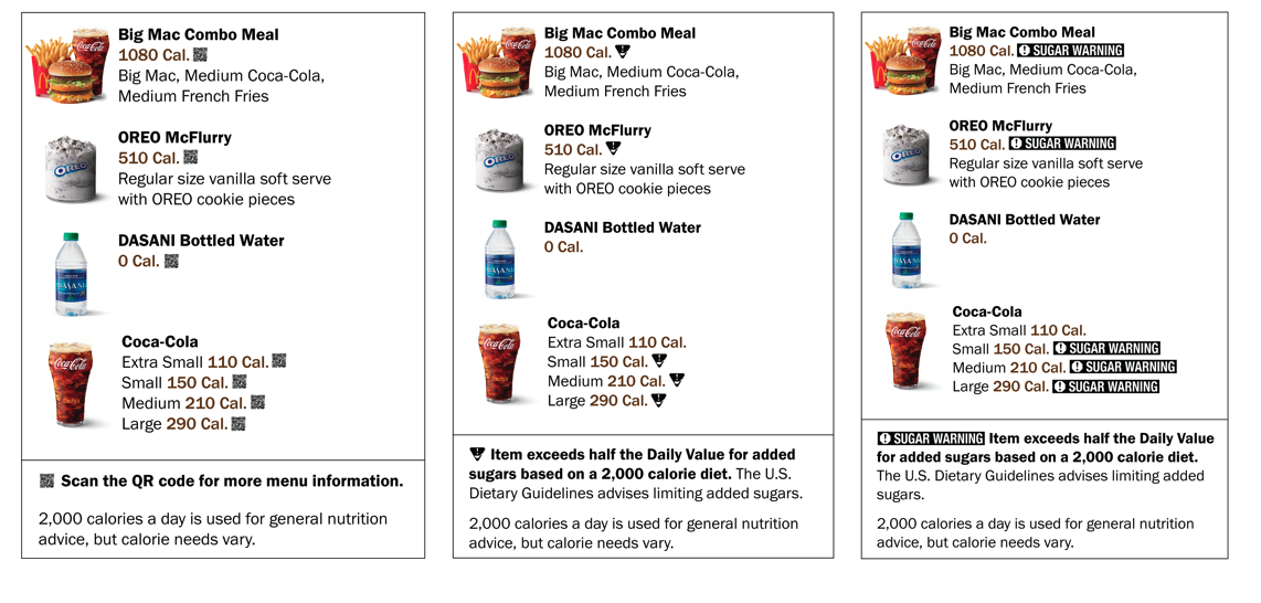 Restaurant menu items with sugar content listings