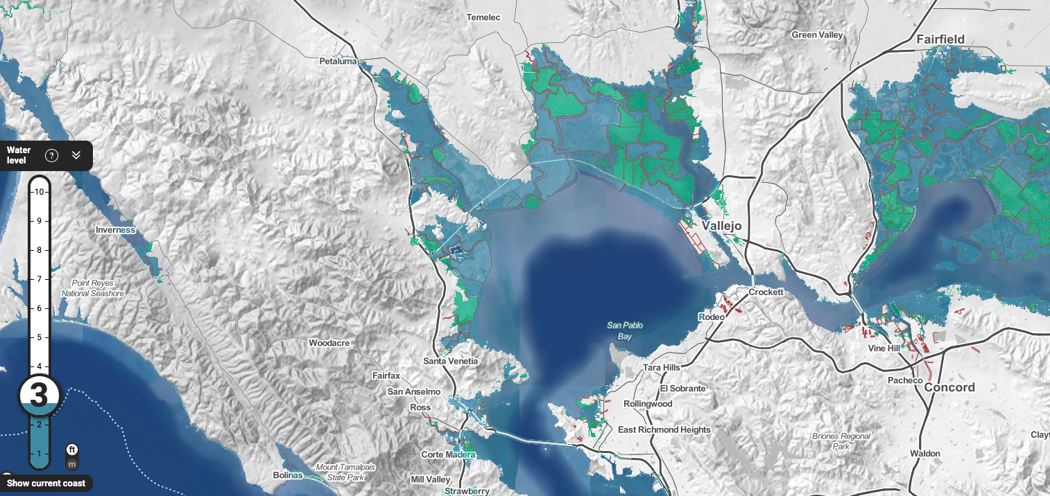 Map graphic showing blue-green radar precipitation over coastal bay and mountains