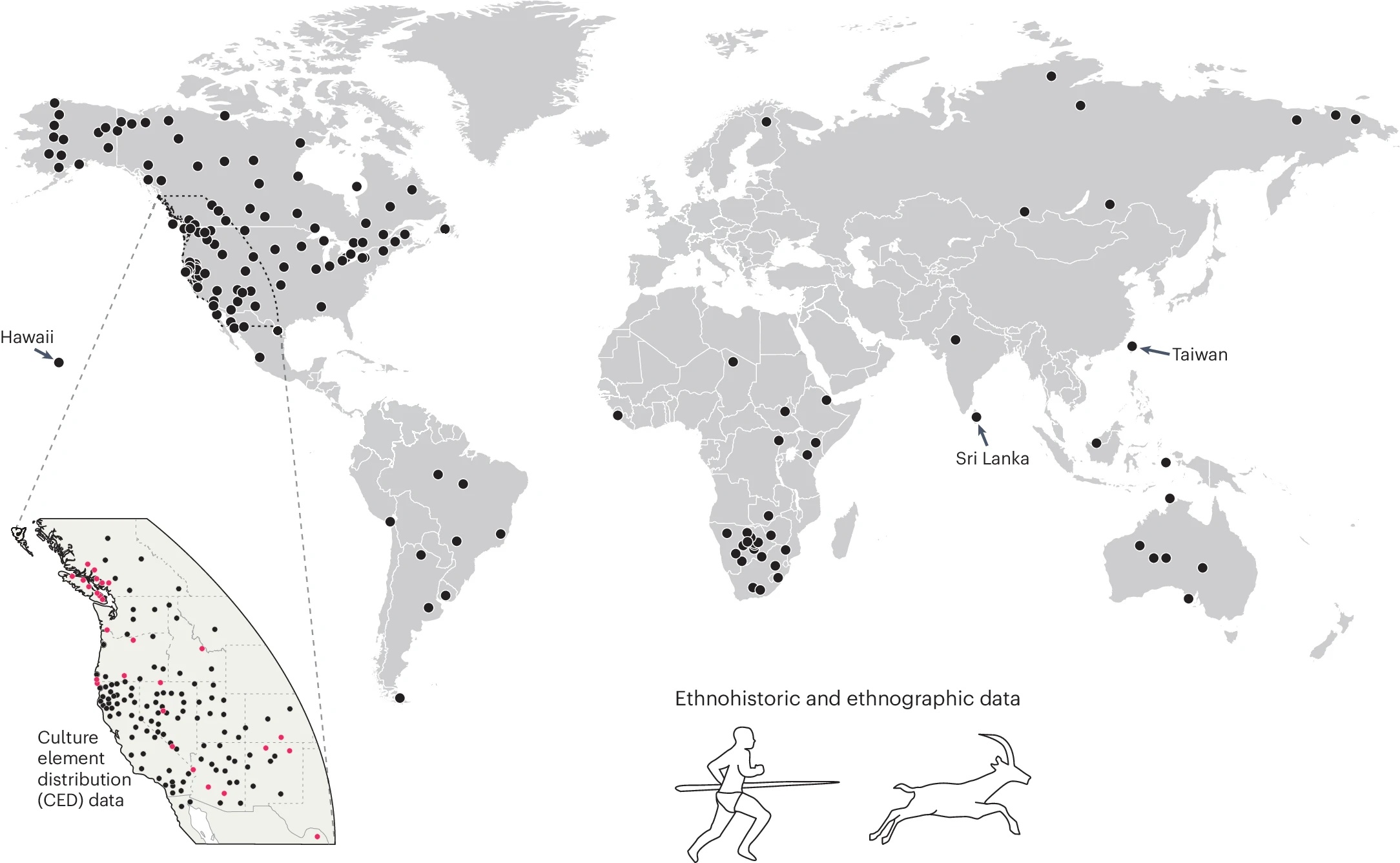 World map with black dots scattered across all continents. At the bottom is a cartoon of a human figure with a spear pursuing a deer. 