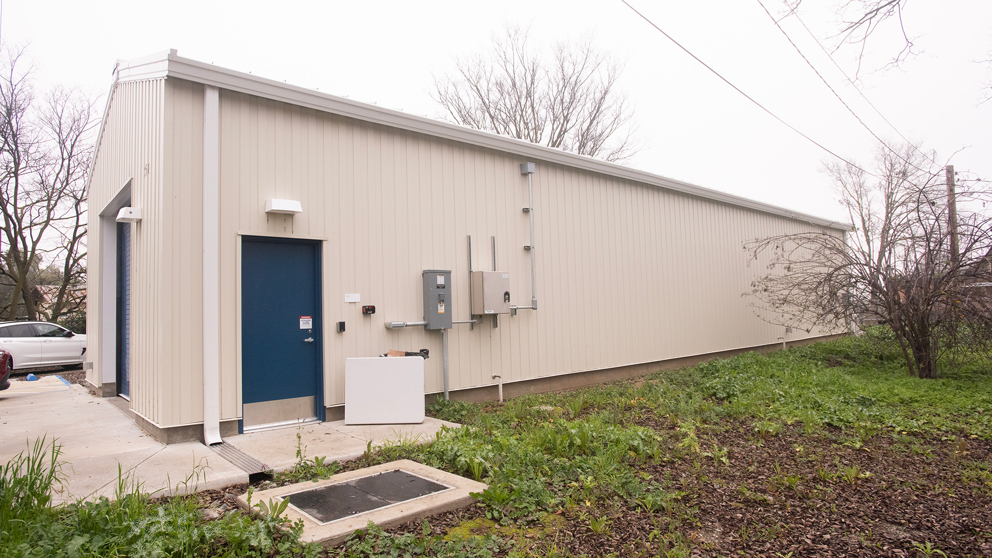 A plain building with blue doors, surrounded by overgrown grass and trees.