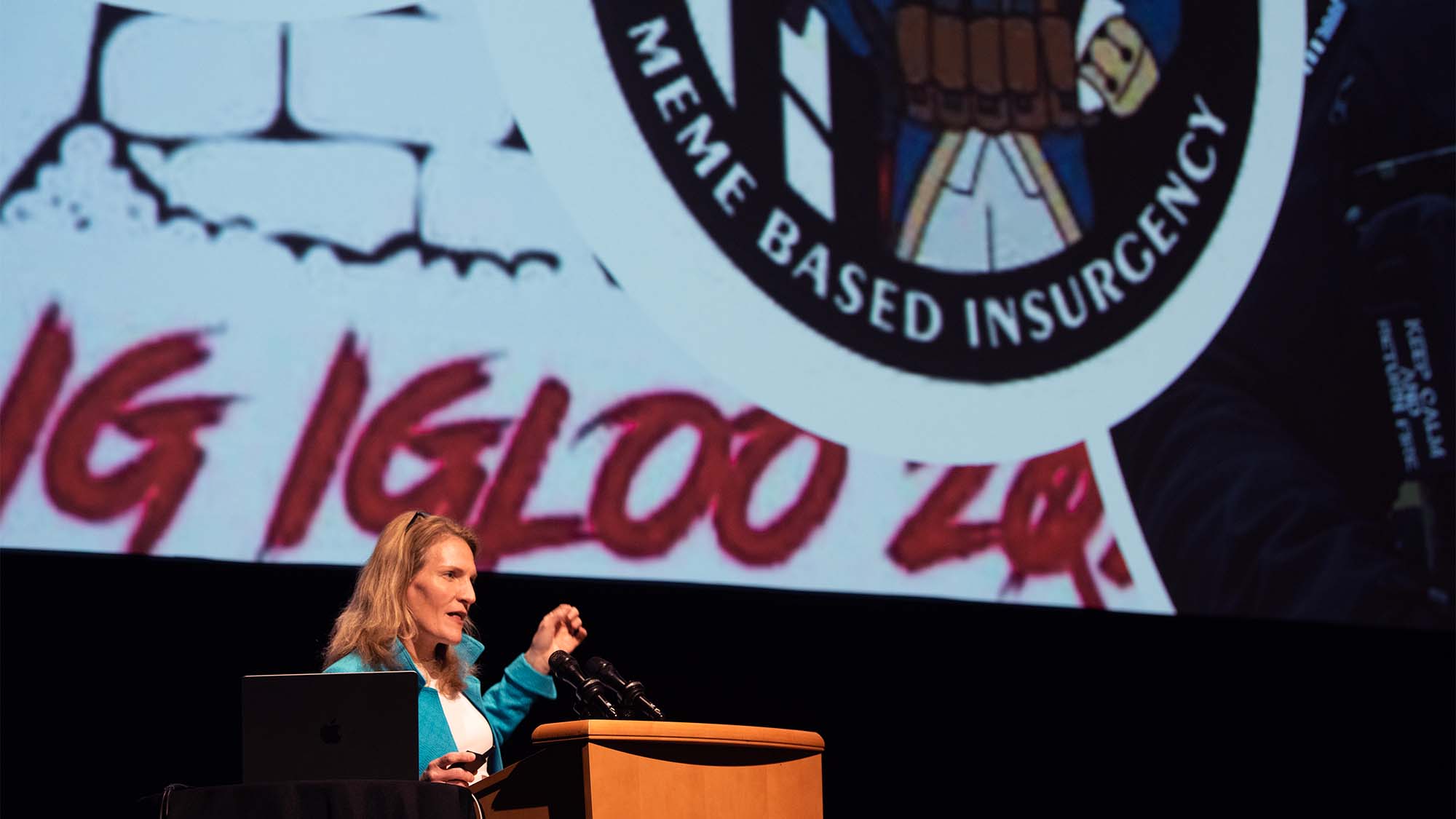 Cynthia Miller-Idriss in front of lectern with slides partially visible. One shows a graphic that reads: Meme-based insurgency.