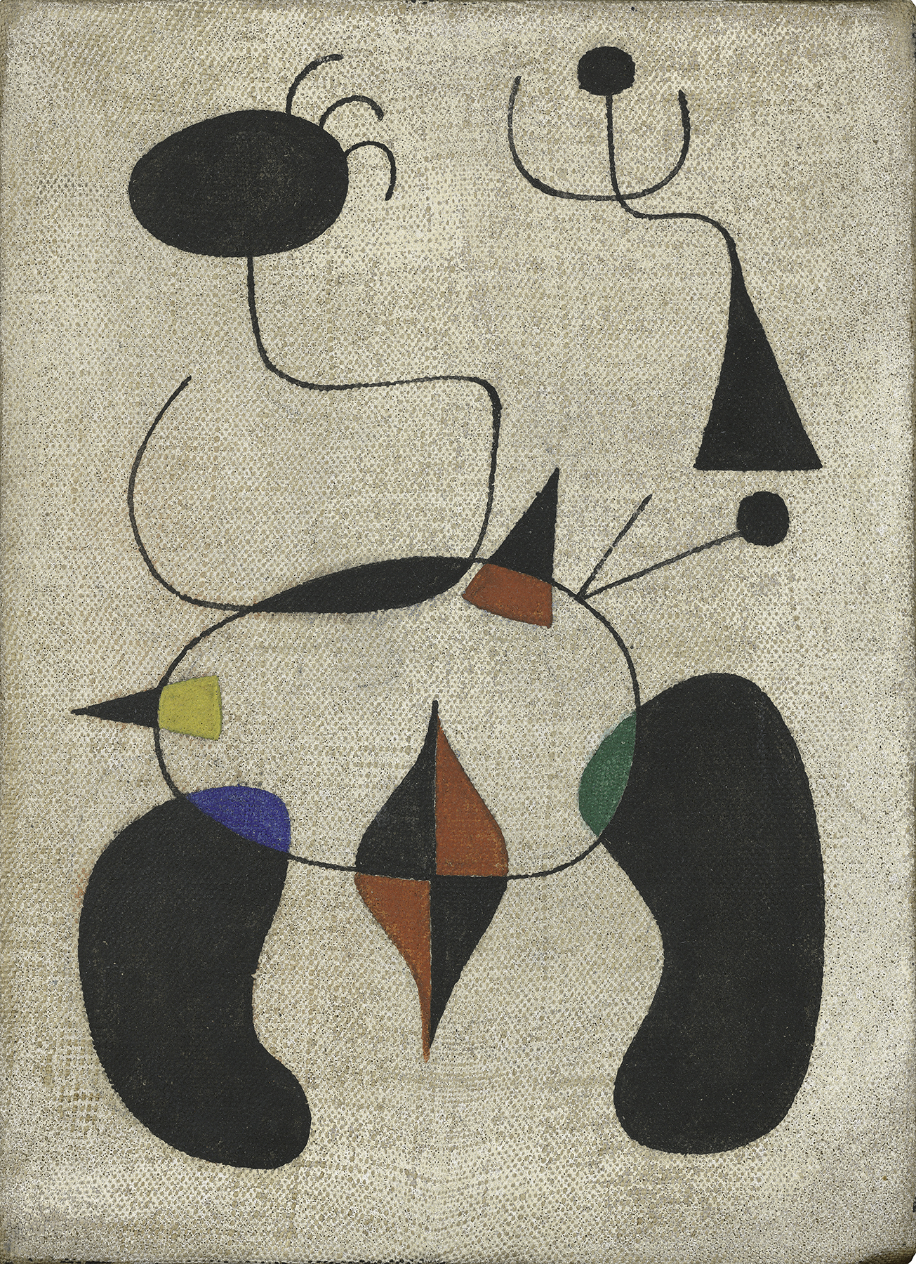 Joan Miró, Femme et oiseau (Woman and Bird), 1944, oil on canvas; 8 3/4 x 6 1/4 in. (22.23 x 15.88 cm). The Fine Arts Collection, Jan Shrem and Maria Manetti Shrem Museum of Art, University of California, Davis. Fractional gift to the Jan Shrem and Maria Manetti Shrem Museum of Art and San Francisco Museum of Modern Art from Jan Shrem and Maria Manetti Shrem. © Successió Miró / Artists Rights Society (ARS), New York / ADAGP, Paris 2024. Photograph: Katherine Du Tiel