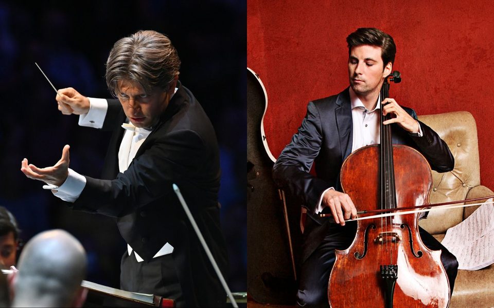 A conductor gestures passionately on the left; a cellist plays elegantly on the right.