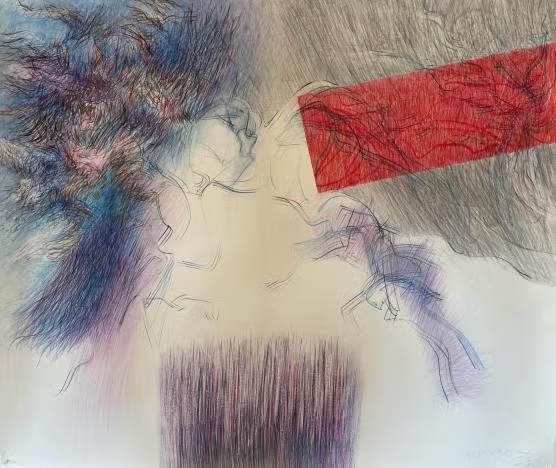 Abstract artwork featuring swirling colors and shapes, with a prominent red rectangle.