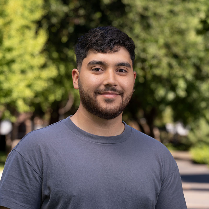 Portrait photo of a student wearing a plain gray t-shirt, and looking at the camera. The student has a beard and dark hair.