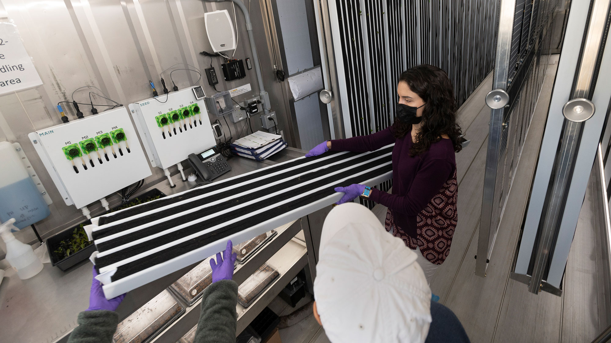 Students help with parts of a indoor setup for vertical farming