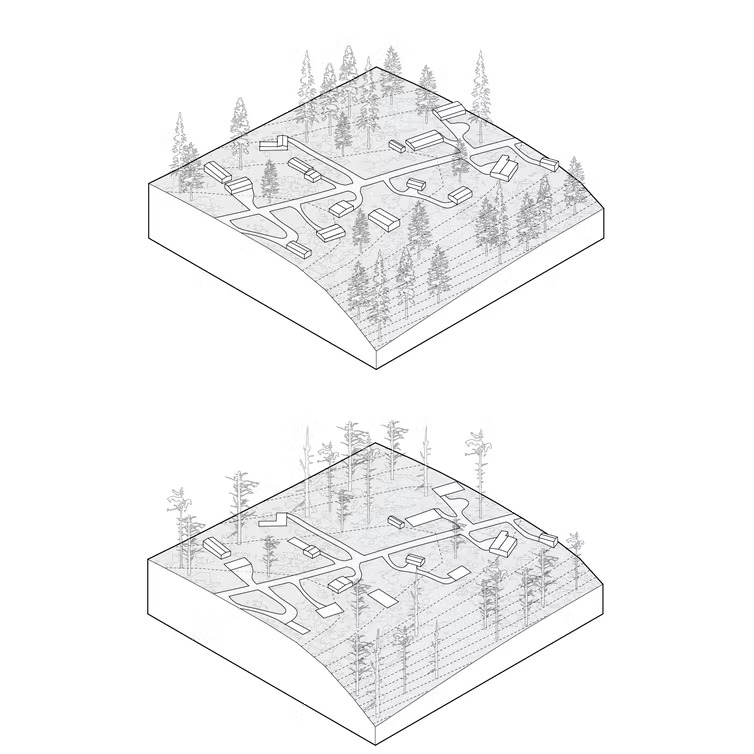 Two illustrations, one showing lots of homes. The other only a few, with old home sites evident.