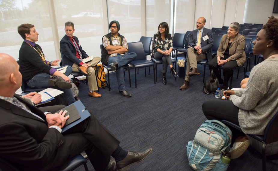 Students talk with UC President Janet Napolitano.