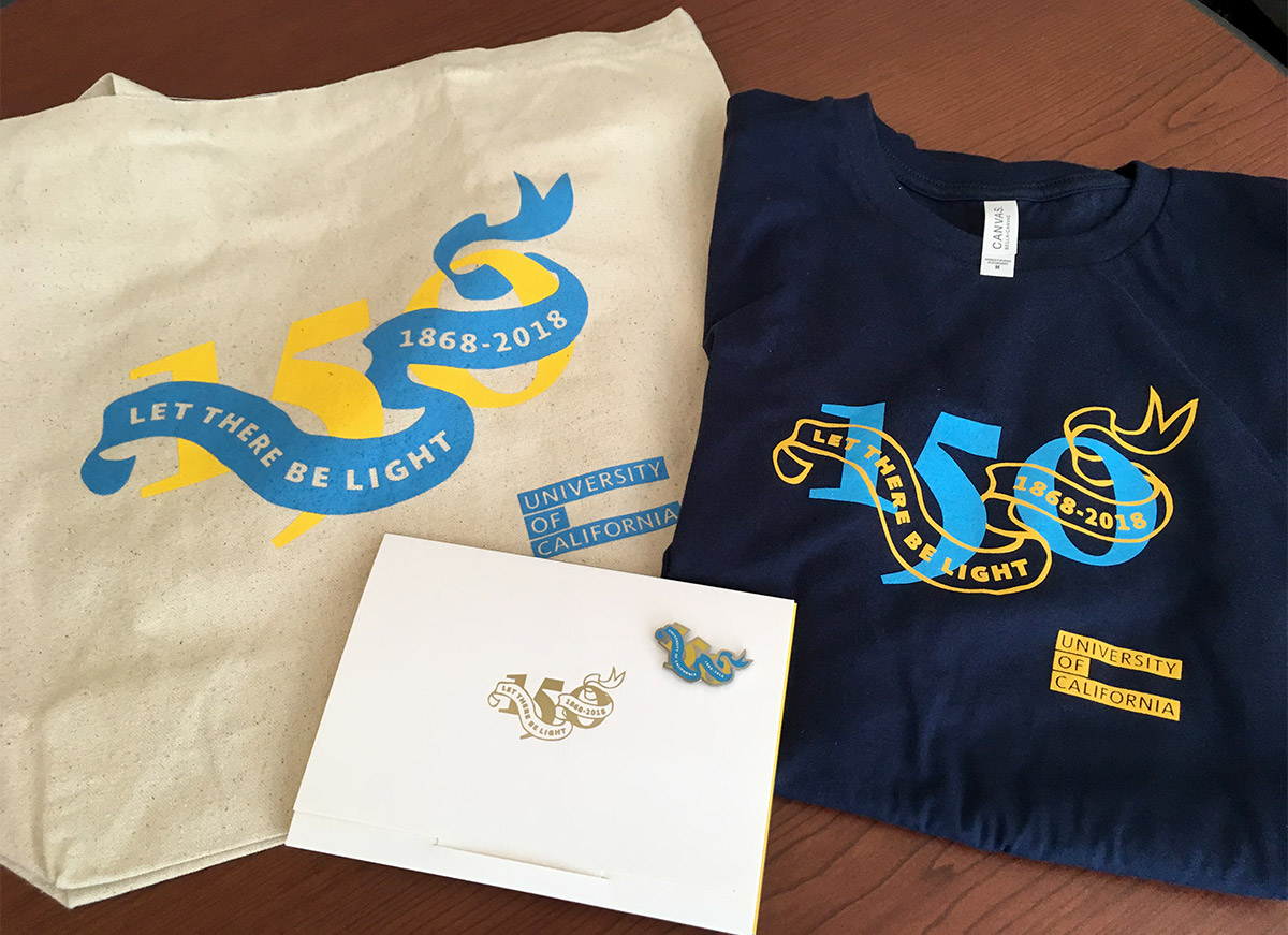 A UC150 tote bag, pin and t-shirt.