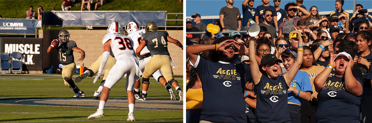  A quarterback runs from defensive players, and a crowd cheers.