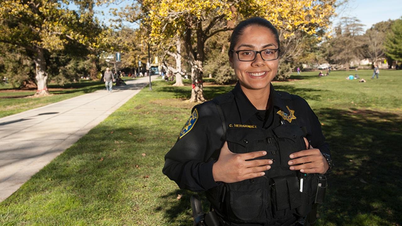 Catalina Hernandez in police uniform on the UC Davis campus