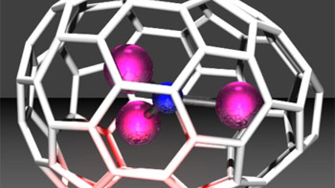 Graphic by graduate student Christine Beavers shows the hexagons
and pentagons that make up the egg-shaped fullerene.