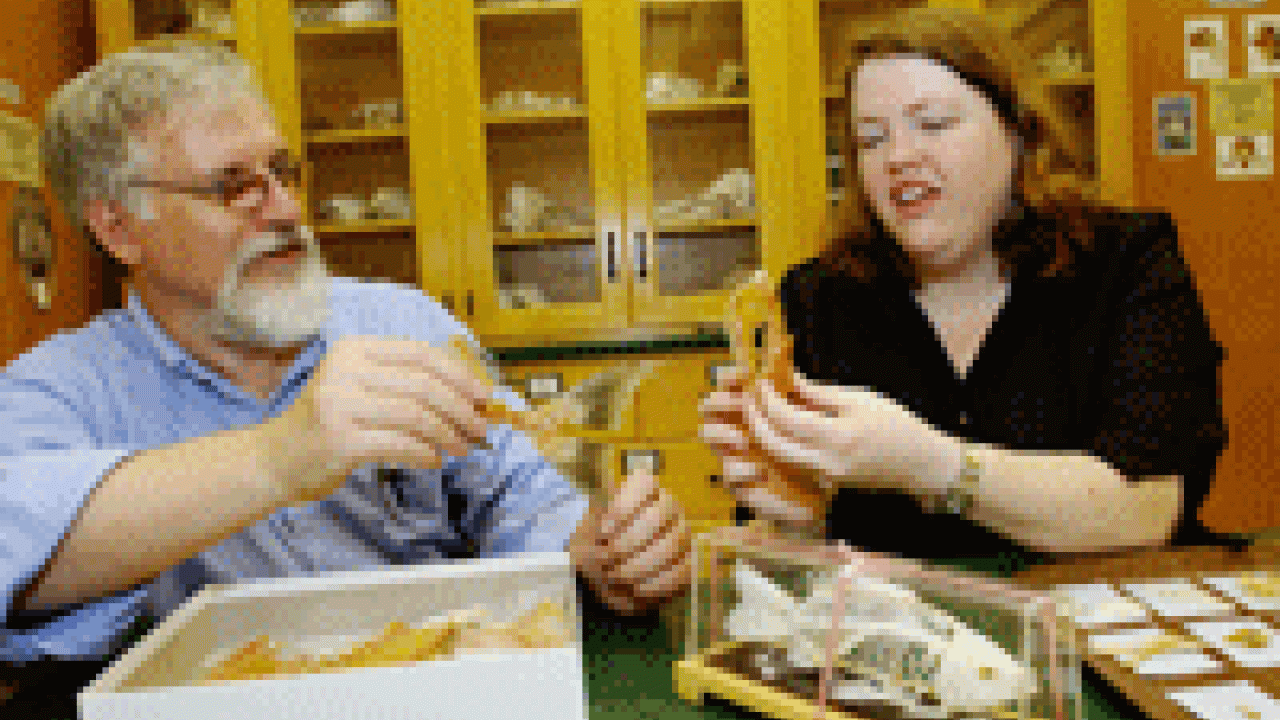 Christyann Darwent, right, examines a specimen with Peter Schulz, a research associate in Darwent&Atilde;&#149;s lab who has amassed the largest collection of California fish skeletons &Atilde;&#145; all at UC Davis. Darwent&Atilde;&#149;s research interests are in animal sk