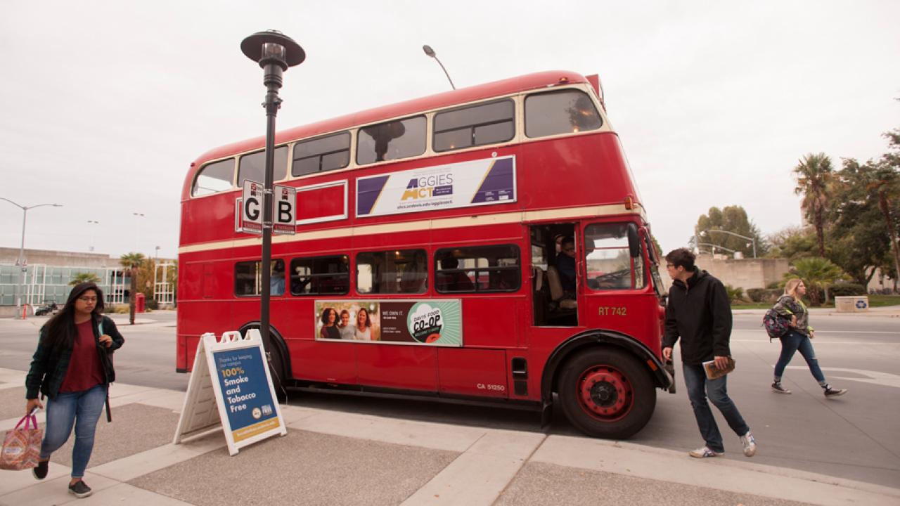 Unitrans London double-decker 742 parked at the Memorial Union Terminal.