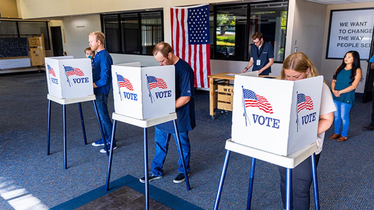 Voting booths with people voting