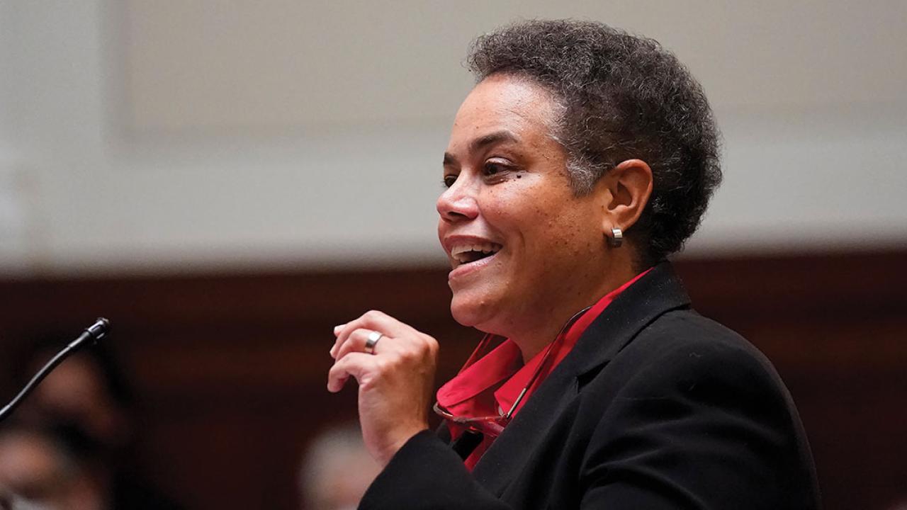 Judge Kelli Evans speaks at a podium during her confirmation hearing