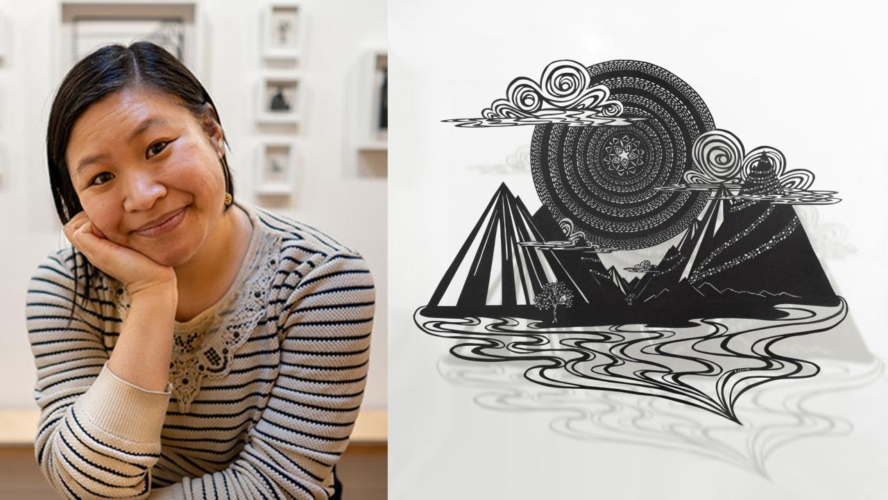 A woman is pictured with her head on her hand at left. At right, an example of her paper-cut art.