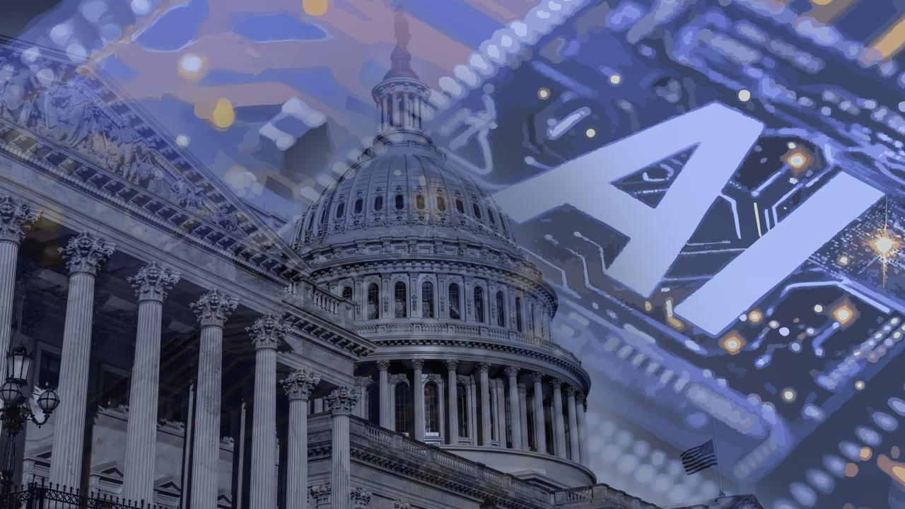 U.S. Capitol building layered with a digital circuit board and the text "AI."