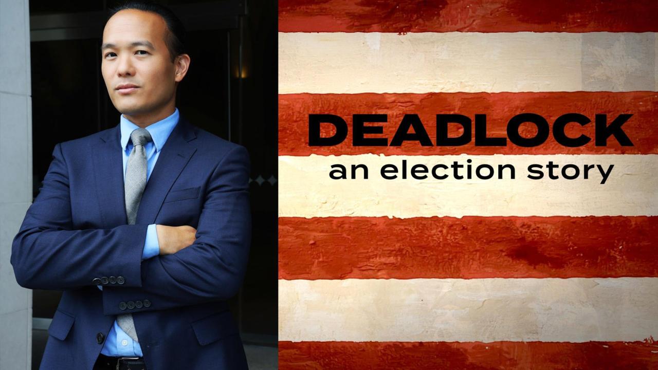 Aaron Tang stands arms crossed with the words "Deadlock An Election Story" on red and white stripes next to him