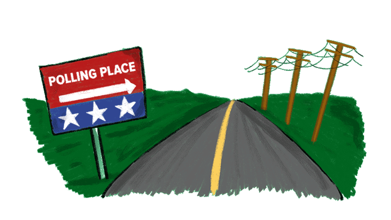 Illustration of a rural, two-lane road with telephone poles on one side and a polling place sign on the other.