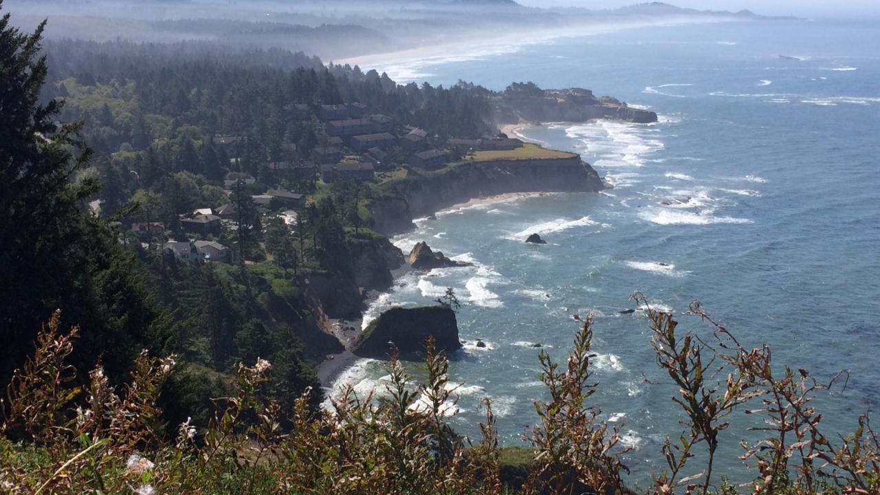 A view of coastline with cliffs receding into the distance. 