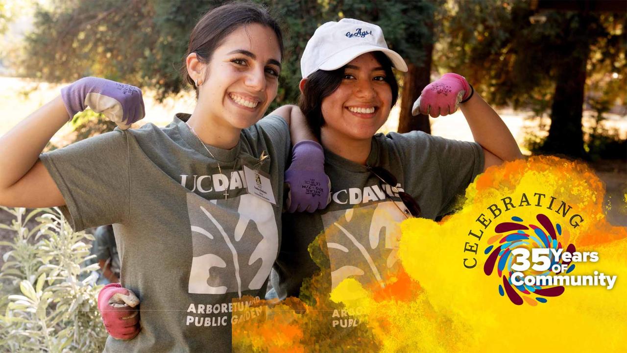 Two students make a muscle in photo; overlaid by graphic that says Celebrating 35 years of the principles of community
