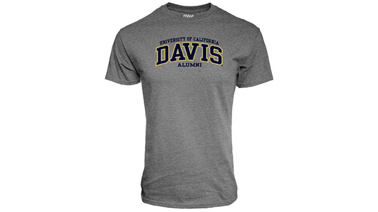 Heather gray crewneck t-shirt with arched navy-and-gold DAVIS logo on chest.