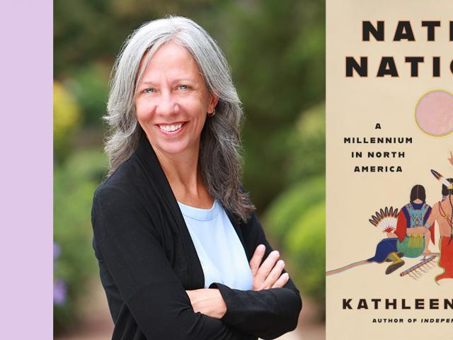 Woman stands with arms crossed on the left; book cover of Native Nations on the right