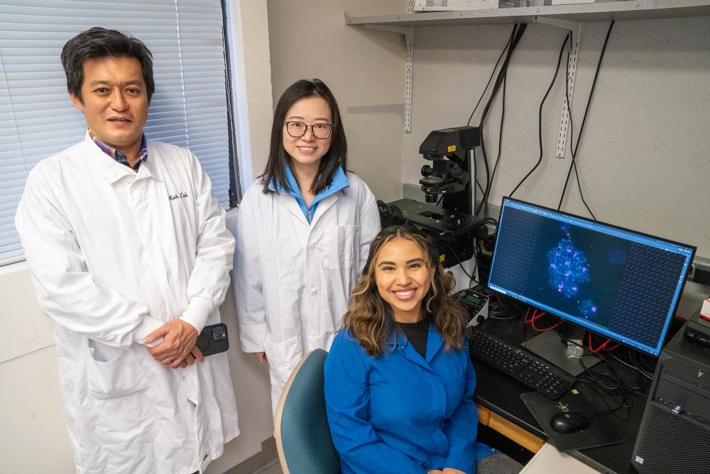 Three people in lab coats face the camera. From left, a standing Asian man with dark hair and white lab coat; standing Asian woman with dark hair wearing a white lab coat; seated, white or Hispanic woman with light brown curly hair wearing a dark blue lab coat. 