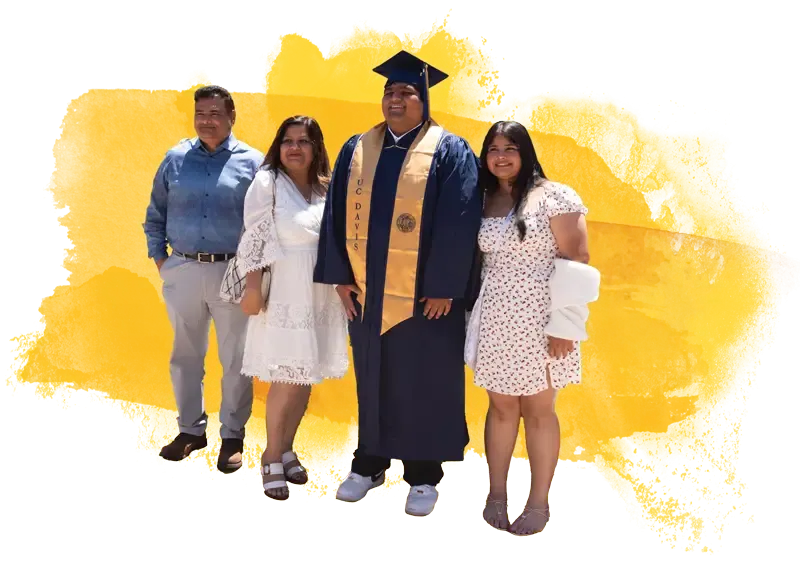 family celebrating commencement in front of a gold watercolor brush stroke graphic