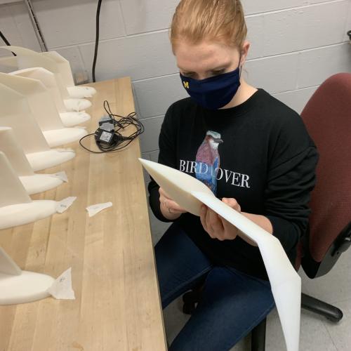 A woman in a dark sweatshirt, wearing facemask, examines a model of a bird's wing. Other models stand on a bench to the left. 