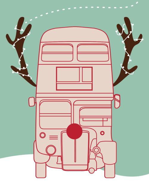 Drawing: Double-decker bus with red nose and antlers