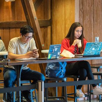 two students on laptops in a coffee shop