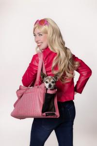 woman in bright pink jacked and purse and blond hair plays Legally Blond character