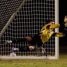 Goalkeeper (almost horizontal) makes save.