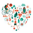 Illustrations of healthy lifestyle arranged in a heart